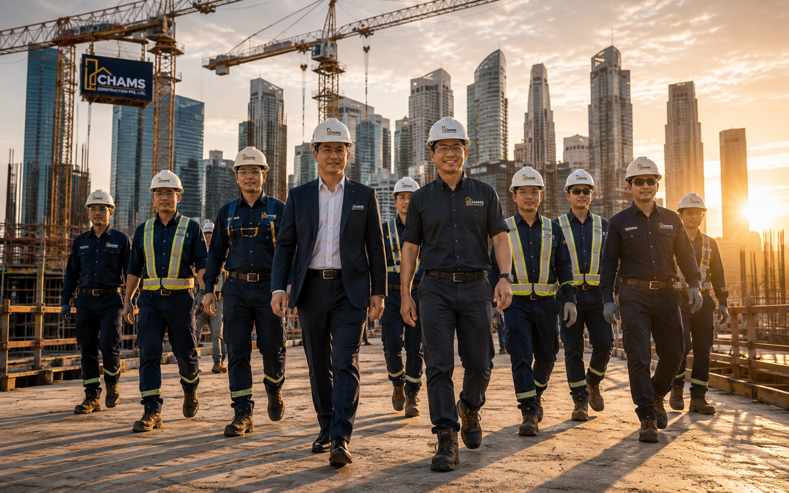 CHAMS Construction project leads walking on a Singapore worksite at sunset