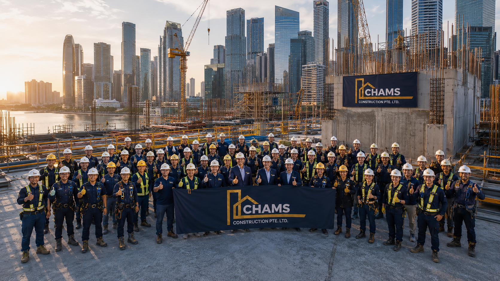 CHAMS Construction full Singapore team gathered on-site at sunset