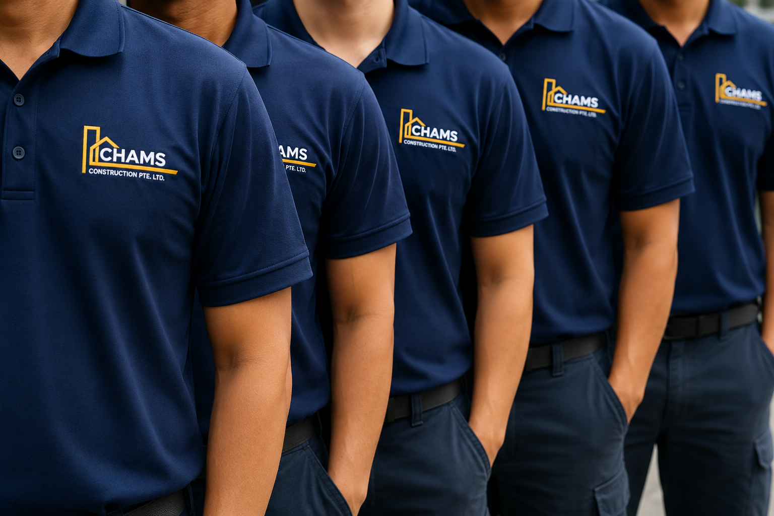 CHAMS Construction crew lined up in branded navy polo uniforms