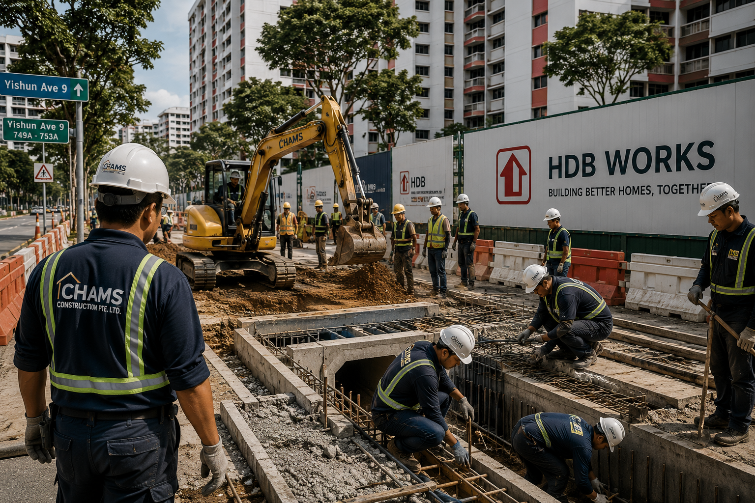 CHAMS crew reinforcing a roadside drainage trench beside an HDB estate at Yishun Ave 9