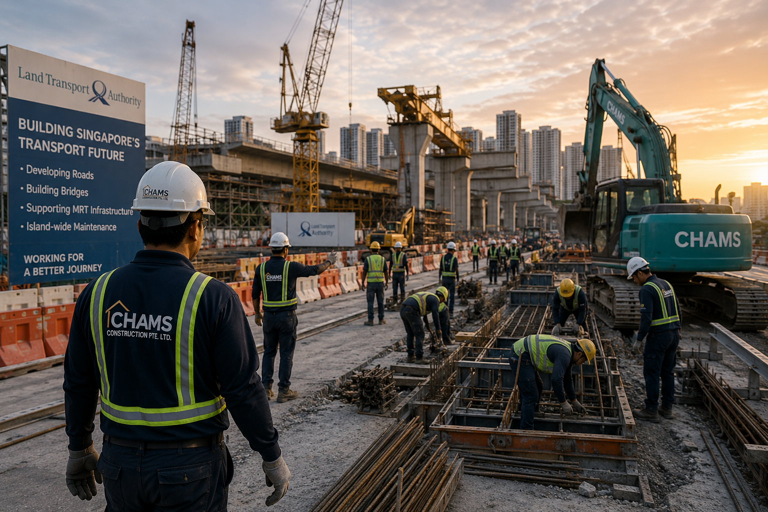 CHAMS site supervisor overseeing LTA viaduct reinforcement at sunset