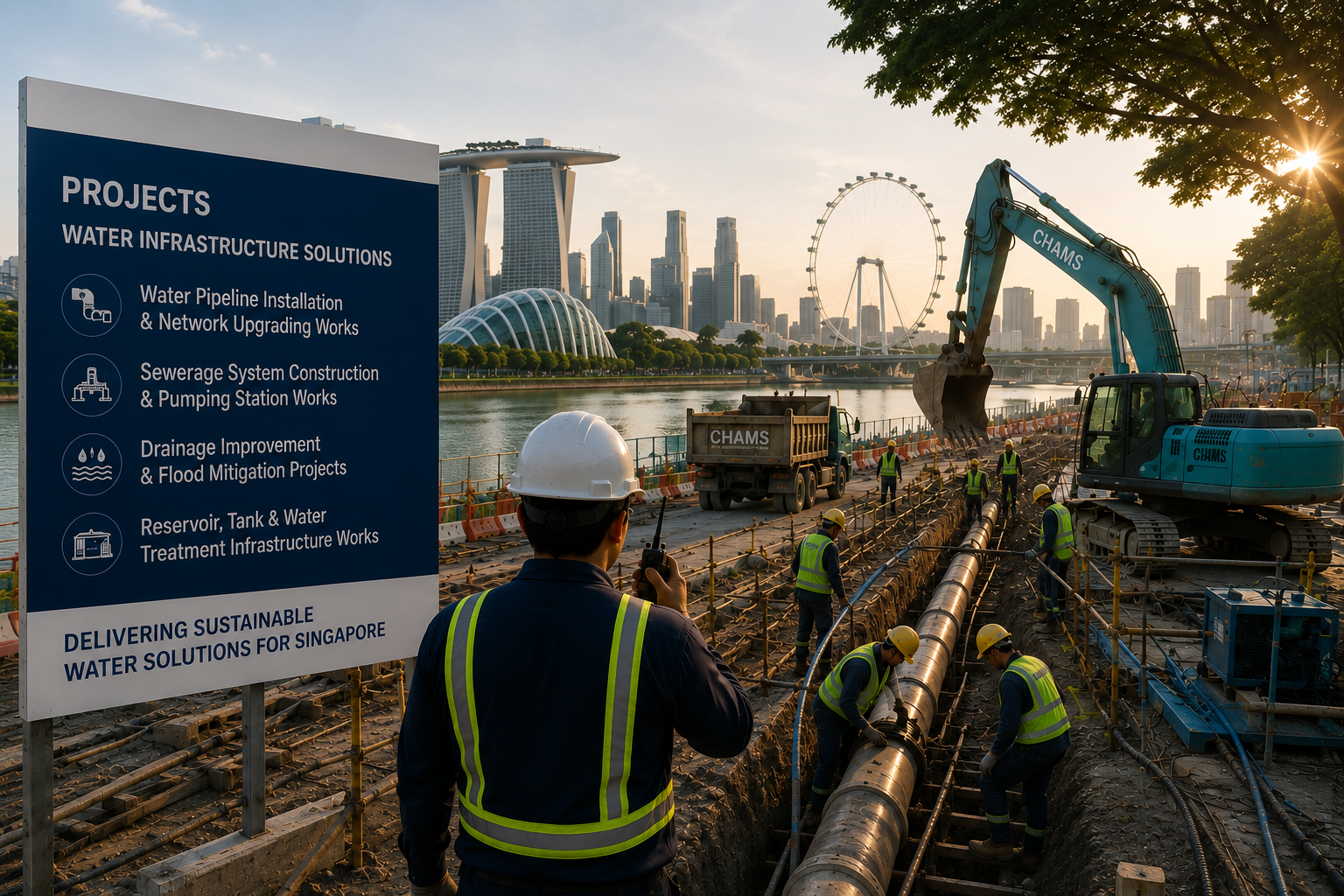 CHAMS excavator and crew on a PUB water-infrastructure site facing Marina Bay Sands