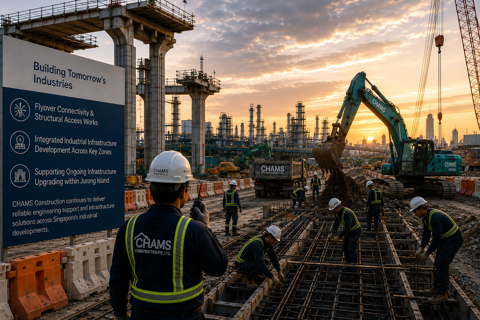 CHAMS crew laying reinforcement at a JTC Jurong Island industrial site at sunset