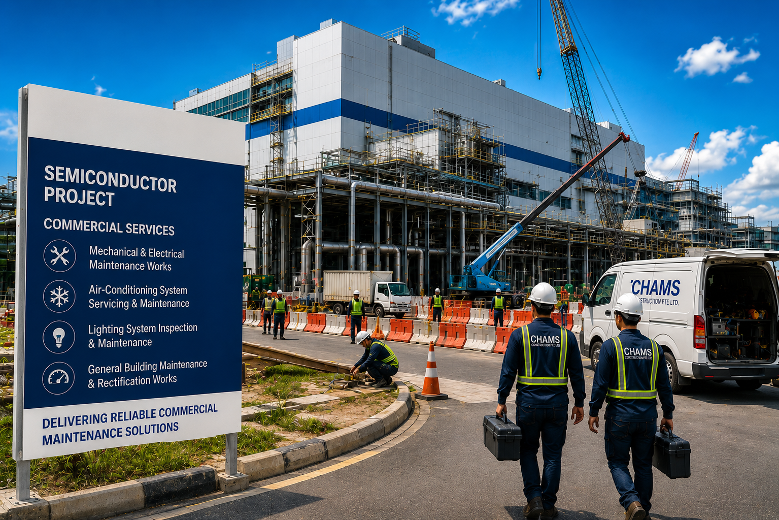 CHAMS maintenance team approaching a semiconductor fab in Singapore